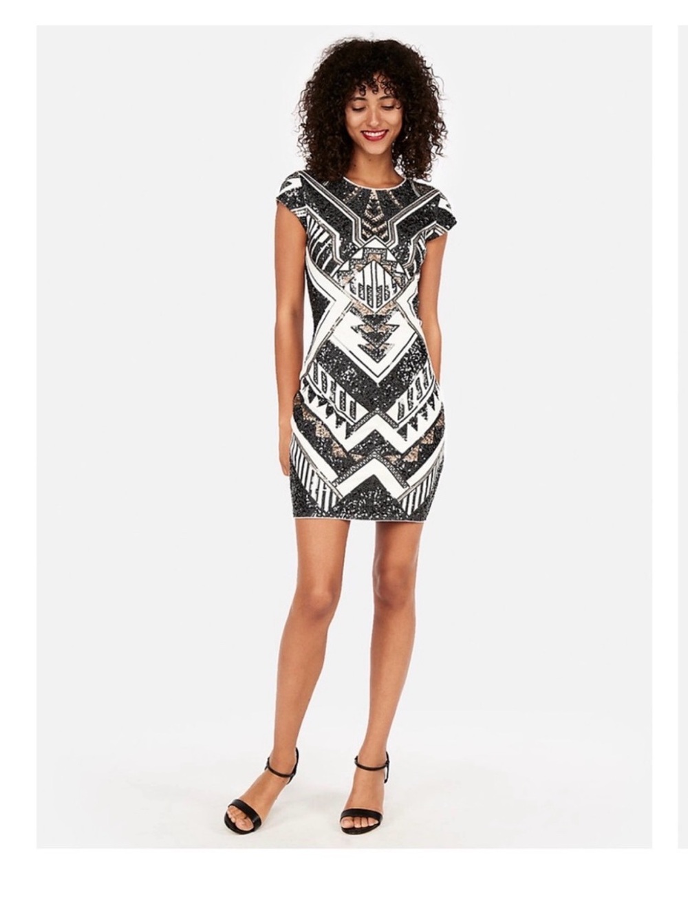 Express Black and White Geometric Sequin Mini Dress